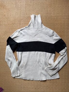 Turtleneck Ribbed Sweater with Contrast Stripe - Cream/Black